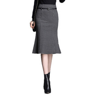 雅鹿自由自在半身裙秋冬女士2019新款高腰格子中长款鱼尾裙显瘦包裙一步YL-KYL-1070 黑色 2XL/30-2尺3