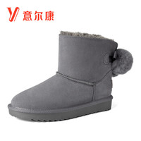 意尔康女鞋简约雪地靴女平底学生短靴女蝴蝶结女棉鞋 9763DM27466W 灰色 35