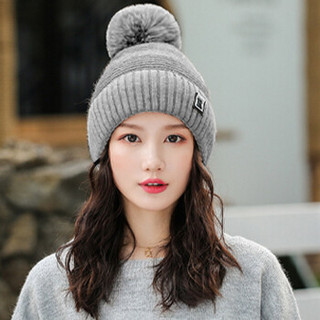 MAXVIVI 毛线帽女针织帽子女冬天新款韩版拼色R标加绒毛线帽护耳卷边保暖帽子 WMZ933058 浅灰色