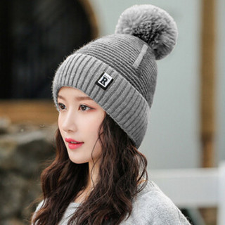 MAXVIVI 毛线帽女针织帽子女冬天新款韩版拼色R标加绒毛线帽护耳卷边保暖帽子 WMZ933058 浅灰色
