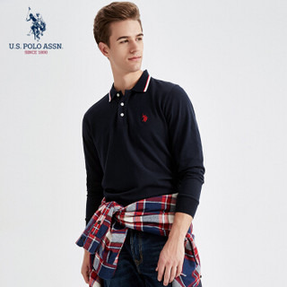 U.S. POLO ASSN.polo衫男士长袖纯棉套头刺绣条纹领舒适透气开叉下摆上衣5193205055 藏蓝色 M