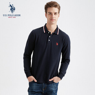 U.S. POLO ASSN.polo衫男士长袖纯棉套头刺绣条纹领舒适透气开叉下摆上衣5193205055 藏蓝色 M