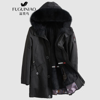 富贵鸟 派克服 男士休闲兔毛皮内胆外套男装青年潮流百搭狐狸毛皮领皮衣绵羊皮海宁皮草男 黑色 XL
