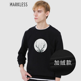 MARKLESS 纯棉卫衣男加绒加厚圆领套头宽松上衣青年WYA7428MF5黑色加绒-北欧鹿 170/88（M）