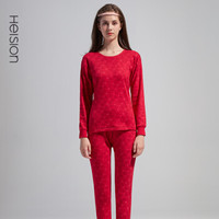 海之宁 保暖内衣女秋衣秋裤套装全棉加厚加绒宽松中高领3217-1 圆领酒红 XL