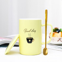 贝瑟斯 陶瓷马克杯带盖勺杯子创意个性潮流情侣咖啡杯男女牛奶杯 鹅黄色