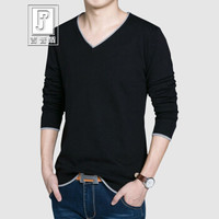 吉普盾男士2019秋季新款长袖T恤针织衫套头V领鸡心领打底衫休闲男装薄款毛衣 黑色 XL
