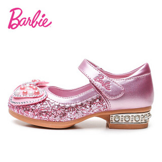 芭比 BARBIE 童鞋 女童皮鞋2020新款儿童公主鞋软底水钻水晶鞋小女孩高跟韩版单鞋 3909 粉色 31码