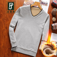 吉普盾毛衣男装韩版休闲V领加绒毛衣打底衫百搭纯色针织衫 浅灰 L