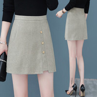 AUDDE 2019秋冬季新款女装新品毛呢格子半身裙女不规则包臀a字裙百搭显瘦呢子短裙 HZ2022-1708 卡其色 L