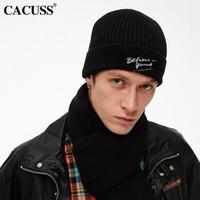 CACUSS Z0386毛线帽男情侣刺绣英伦风针织帽加绒加厚户外骑行防寒保暖帽子 黑色