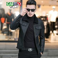 卡帝乐鳄鱼(CARTELO)皮衣 男士百搭翻领加绒加厚PU皮夹克外套QT2031-050黑色3XL