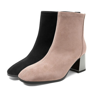 商品belle/百丽 羊绒皮革时尚短靴女皮靴3g241dd9 黑色 36