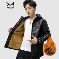 猫人(MiiOW)皮衣 男士加绒连帽字母印花PU皮夹克外套304A-820黑色L