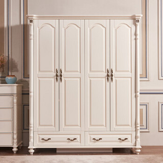 A家家具 衣柜 美式推拉门四门大衣柜 简约欧式白色板式柜子卧室衣橱 四门衣柜 XM017