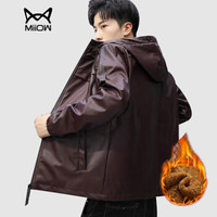 猫人(MiiOW)皮衣 男士加绒连帽字母印花PU皮夹克外套304A-820酒红色4XL