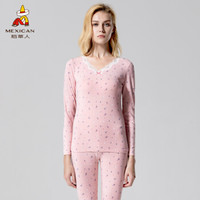 稻草人保暖内衣女士春秋薄款蕾丝V领打底棉毛衫花卉印花紧身秋衣秋裤 81879 粉红 L