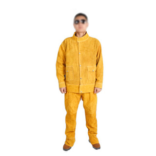 鸣固 牛皮电焊工作服焊工防烫耐高温电焊防护服防阻燃隔热焊接皮裤T黄色单层全皮上衣+裤子送长款牛皮手套L