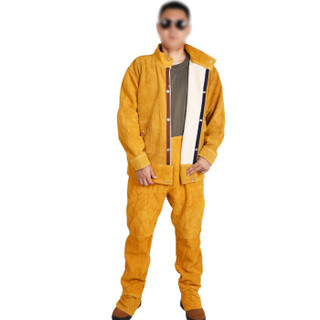 鸣固 牛皮电焊工作服焊工防烫耐高温电焊防护服防阻燃隔热焊接皮裤T黄色单层全皮上衣+裤子送长款牛皮手套L