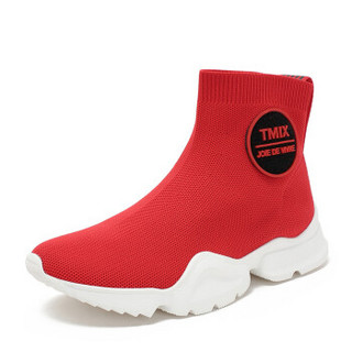 Teenmix/天美意红色布厚底运动风袜靴女休闲靴CHH40DD8 红色 33