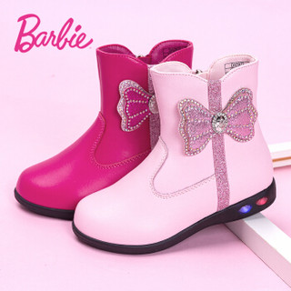 芭比 BARBIE 女童马丁靴2019年冬季新款公主皮靴加绒保暖儿童短靴时尚冬鞋 2822 粉色 28码