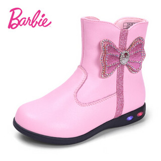 芭比 BARBIE 女童马丁靴2019年冬季新款公主皮靴加绒保暖儿童短靴时尚冬鞋 2822 粉色 28码