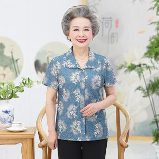 莉夏乐 2019夏季新品韩版女装中老年女装大码妈妈装老人衣服印花烫金短袖衬衫奶奶装 GZJS3213 粉小花 L