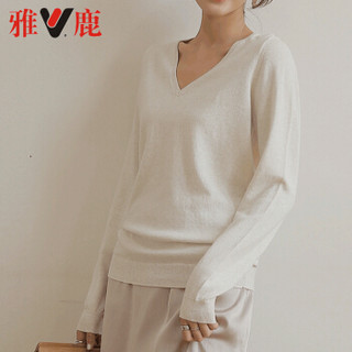 雅鹿 MY2398 韩范棉毛衣女套头针织衫纯色V领长袖上衣 白色 XL