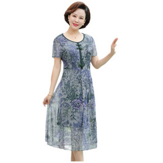 BANDALY 2019夏季女装新款短袖夏装连衣裙40-50岁中年洋气中老年裙子过膝雪纺 MMJR160602 蓝色 XL
