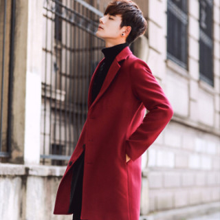 秋季新款男士毛呢大衣韩版修身中长款风衣外套c219-d67 酒红色加棉