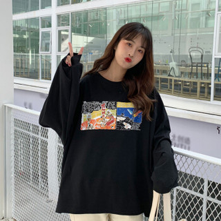 俞兆林 2019年秋季新款女装韩版宽松大码长袖印花T恤 YWTC197134 黑色 M
