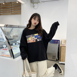 俞兆林 2019年秋季新款女装韩版宽松大码长袖印花T恤 YWTC197134 黑色 M