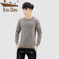 金盾（KIN DON）针织衫 男2019秋季新款休闲百搭韩版潮流圆领套头破洞打底衫 A303-MY01 卡其色 3XL