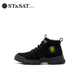 星期六男鞋（ST&SAT）短靴运动休闲男鞋系带平底男靴 黑色 38