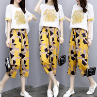 AUDDE 2019夏季新款女装新品短袖T恤女两件套裤大码刺绣上衣七分裤休闲套装女 zx0R05-7112 短袖+七分裤 L