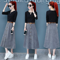 AUDDE 2019秋季新款女装新品半身裙女洋气长袖半身裙两件套套装女成熟港味气质 HZ4039-903TZ 蓝色 M