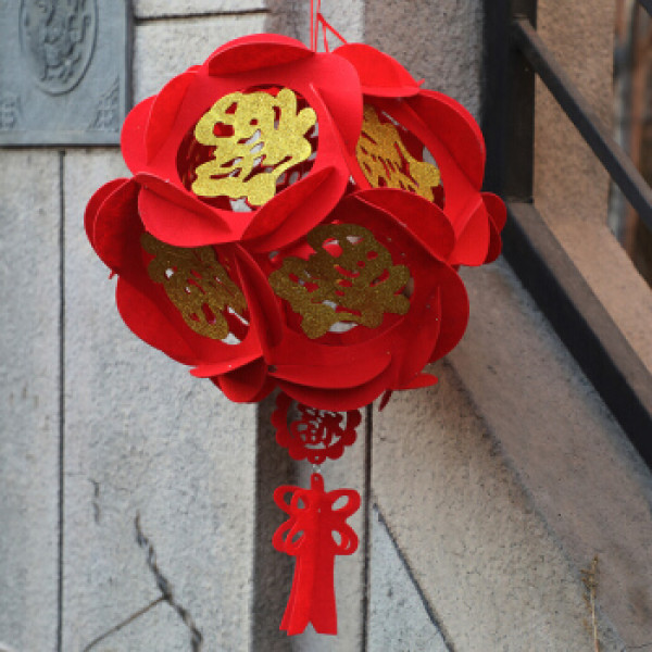 墨斗鱼无纺布宫灯0321 大号福字花球无纺布创意结婚装饰品大红灯笼