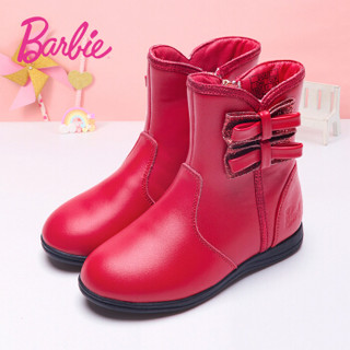 芭比 BARBIE 童鞋 女童靴子2019新款冬季保暖儿童棉靴加绒公主小高跟皮靴中筒靴 2813 红色 28码