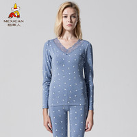 稻草人保暖内衣女士春秋紧身薄款蕾丝V领打底棉毛衫套装印花秋衣秋裤 81880 紫蓝 XL