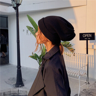 纪维希（Jiweixi）毛线帽子 女士秋冬款潮流时尚百搭套头帽保暖防风护耳针织帽 JWX609 黑色