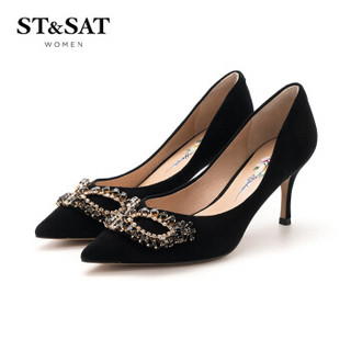 星期六女鞋（ST&SAT）绒面羊皮革时尚浅口优雅饰扣高跟单鞋 黑色（第二批） 35