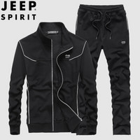 吉普 JEEP 2019秋冬季新款男士商务休闲运动套装卫衣卫裤青年开衫上衣松紧卫裤套装男  BF7826B 黑色 L