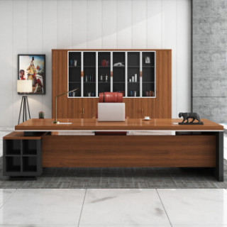 简约现代老板桌大班台板式总裁桌椅主管桌办公桌24米桌西皮椅6门柜