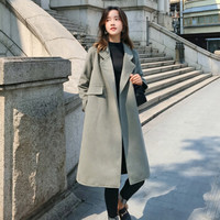 JOY OF JOY 2019冬季新款女装手工双面羊绒大衣女中长款过膝赫本风修身羊毛呢子外套 JWDY199767 灰绿色 S