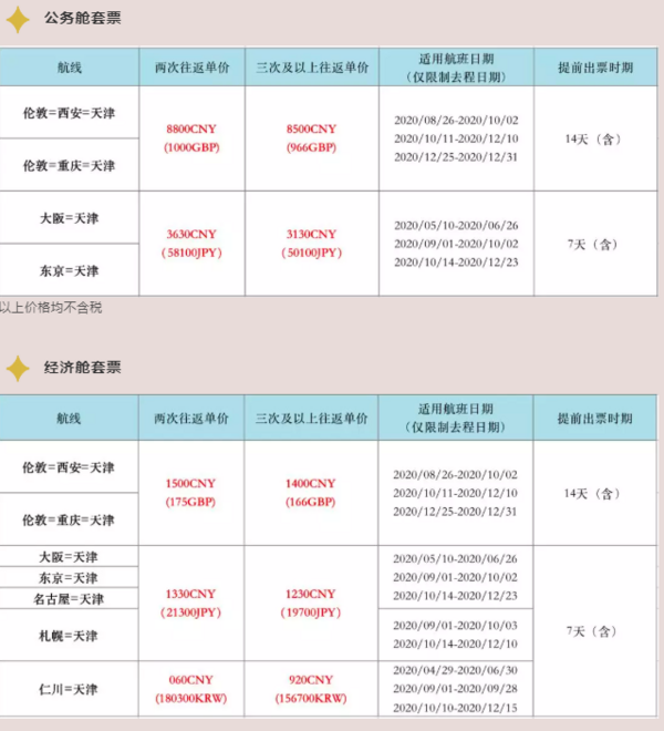 天津航空套票，国庆段也能上！飞多国机往返含税机票