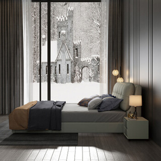 摩高空间真皮床现代简约双人床主卧床婚床北欧简美床大床框架床加山羊绒床垫