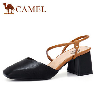 骆驼（CAMEL） 女士 轻熟包头方头小巧钉扣粗跟凉鞋 A92076602 黑色 36