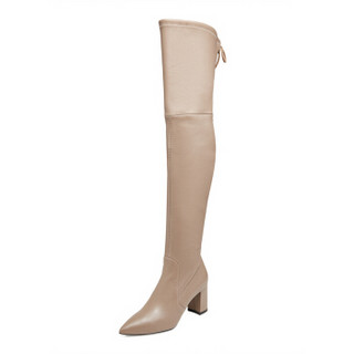 STUART WEITZMAN 斯图尔特·韦茨曼 女士灰褐色羊皮高跟尖头过膝长靴 LESLEY 75 TAUPE STR NAPPA 36