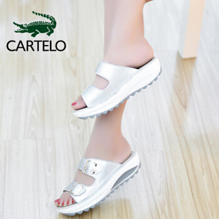 卡帝乐鳄鱼 CARTELO 日常休闲时尚女士舒适套脚低跟轻便透气外穿拖凉鞋 KDLPK-116 银色 38/240(1.5)