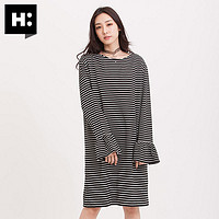 H:CONNECT2018新款女式时尚韩版圆领条纹荷叶边T恤连衣裙 *3件